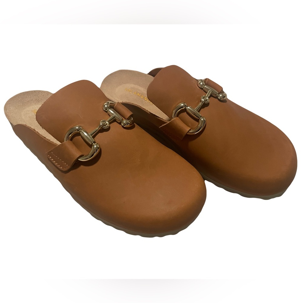 Leather Mules Clogs Tan with Gold Buckle Salamander EU size 39 new